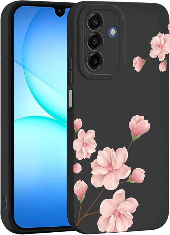 ILING Liquid Silicone Case for Samsung Galaxy A17 5G/4G, Ultra Thin Elegant Flower and Cute Cartoon Pattern Design Soft Gel Rubber Frosted TPU Bumper Shockproof Cover (Black Q07)