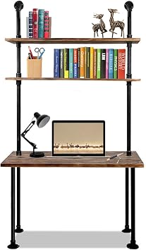 LOKKHAN 79-inch Industrial Laptop Desk Solid Wood Computer Desk Wall Pipe Desk with Shelves Computer Table for Home Office (L:40 inch)