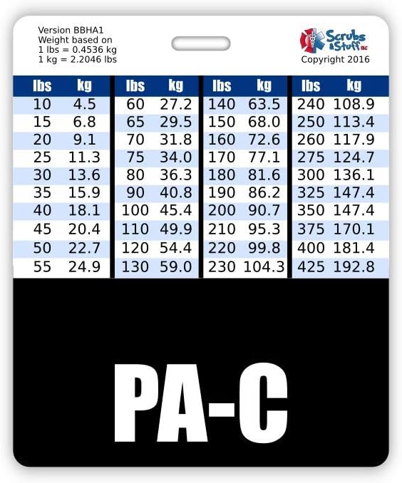 PA-C Badge Buddy Horizontal w/Height & Weight Conversion Charts (Oversized, Black)
