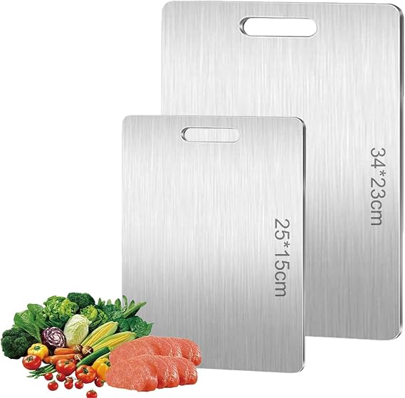 2PCS Titanium Chopping Board , Stainless Steel Cutting Board, Dual-Sided Food Grade Multifunctional Cutting Board for Kitchen, Meat & Vegetables, Dishwasher Safe, Non-Stick Durable (34*23cm + 25*15cm)