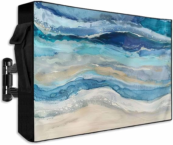 Outdoor TV Cover 30-32 Inch Weatherproof, Blue Coastal Outdoor TV Enclosure with Zipper & Roll Up Front Flap, Summer Beach Nautical Abstract Art Waterproof TV Covers for Outside Flat Screen TV