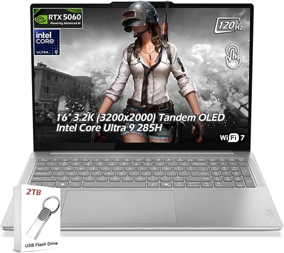 Lenovo Yoga Pro 9i Laptop, Intel Core Ultra 9 285H, 32GB RAM 1TB SSD, 16" 3.2K (3200x2000) Tandem OLED 1100nits 120Hz Touch, RTX 5060, WiFi7, Backlit KB, Win11, Luna Grey, w/2TB USB Drive, W/GaLiMu