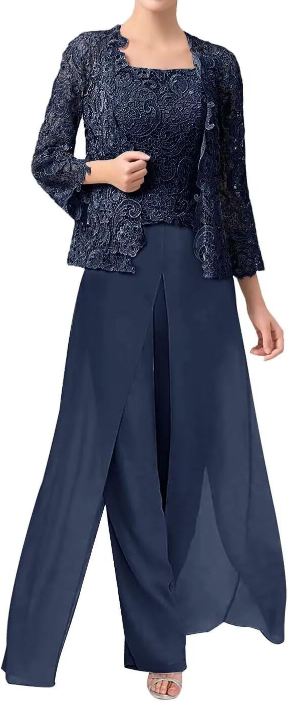 Mother of The Bride Pants Suits for Wedding Party Dresses Lace Appliques Chiffon Mother of Bride Dresses with Jacket,Navy Blue 18Plus