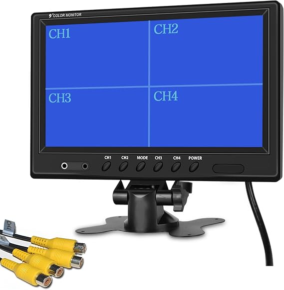 Hikity 9 Inch Backup Camera Monitor Only Quad Split Screen | 4 Channels RCA Video Inputs, HD Vehicle Rear View Reverse, Color TFT LCD Display Screen for Car SUV Van Truck Pickup