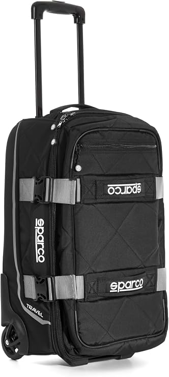 Sparco Gear Bag, Travel, 22 in Long x 14 in Wide x 10 in Deep, Roller Wheels, Zipper Closure, Retractable Handle, Logo, Silver Straps, Polyester, Black, Each