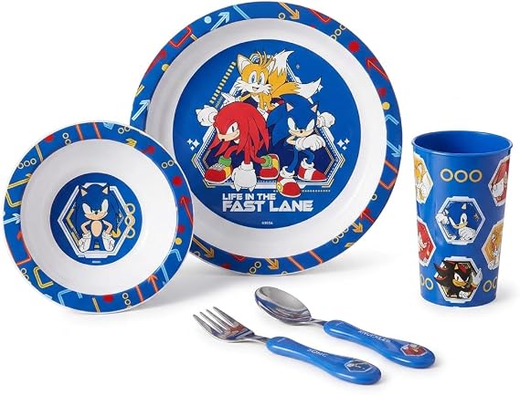 Sonic The Hedgehog Kids 5 Piece Dinnerware Set - Plate, Bowl, Cup, Fork + Spoon. Safe Durable Plastic Home or Picnic Set - Official, Blue