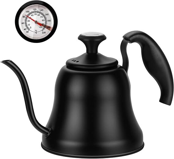 Tea Kettle with Thermometer, Gooseneck Pour Over, 28oz, Matte Black | Food Grade Stainless Steel, Precise Gooseneck Spout, 0.8L, Camping Home Kitchen, Induction & Gas Applicable, 1Pack