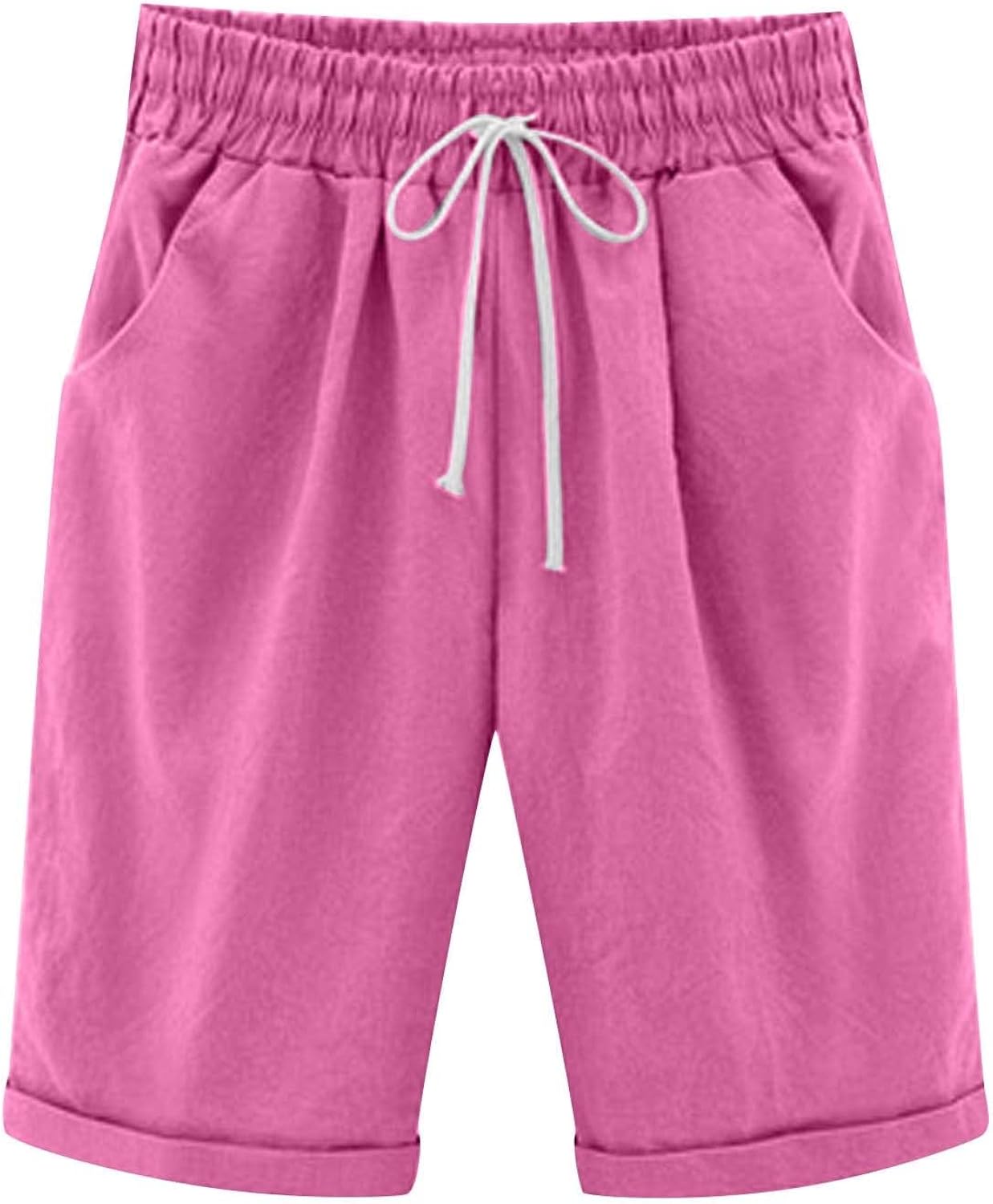 XUNRYAN Women's Hiking Shorts Elastic Waist Knee Length Summer Casual Linen Cotton Chino Bermuda Shorts with Pockets