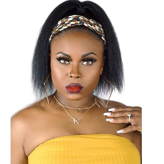 10Inch Kinky Straight Headband Wigs for Black Women None Lace Synthetic Hair Headband Wigs Long Yaki Straight Wigs Natural Hairline Glueless Wig Natural Black Color