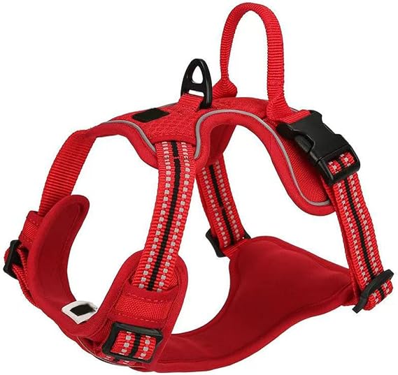 This Anti-Pull Dog Harness is Designed specifically for Miniature American Shepherd. It Features a Handle, Adjustable Reflective Vest-Style Design, and is Made of Breathable, Thickened Nylon. red M