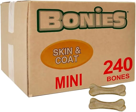 Bonies Skin and Coat Treats for Dogs, Promote Silky Coat and Healthy Skin, Healthy Teeth and Fresh Breath, Low Calories - Chicken Flavor, Minis, 240 Bones