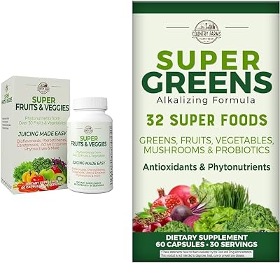 COUNTRY FARMS Super Fruits Veggies Capsules 30 Super Foods 30 Servings and Super Greens Vegicaps 32 Super Foods 60 Count 30 Servings