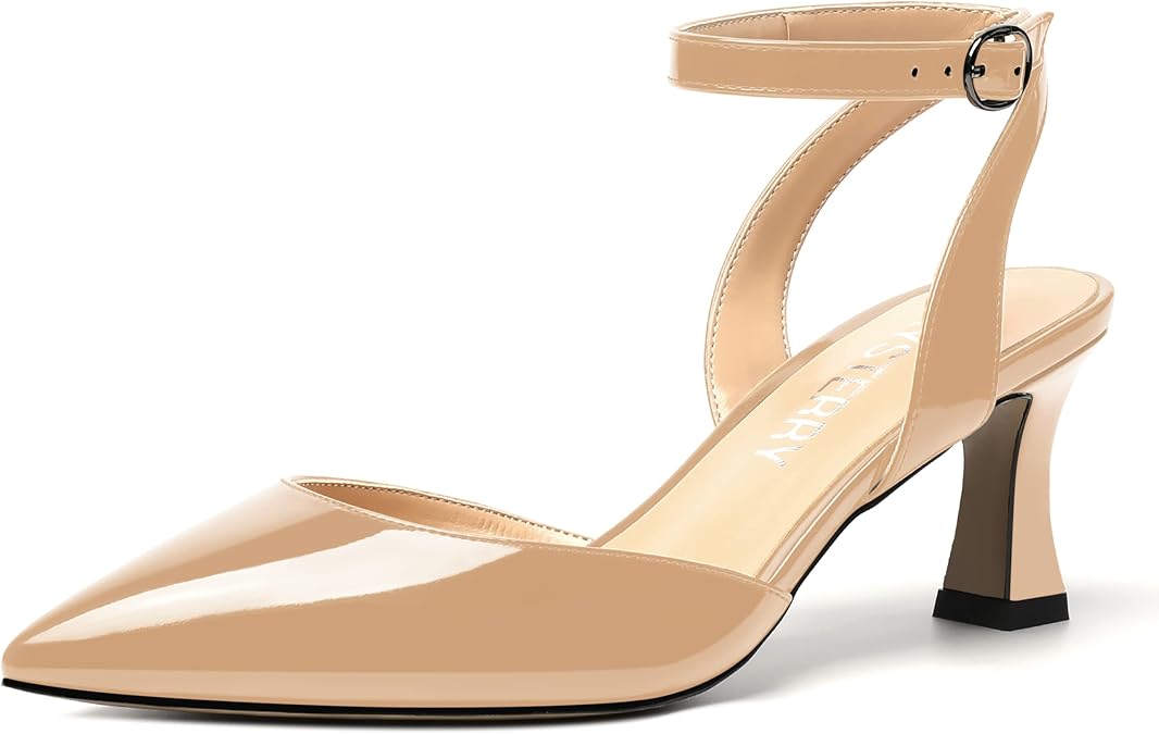 SKYSTERRY Women's Patent Ankle Strap Slingback Wedding Buckle Pointed Toe Casual Spool Mid Heel Pumps Shoes 2.5 Inch