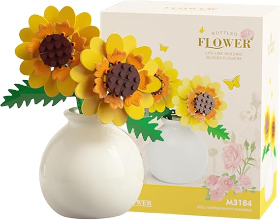 Mini Building Blocks for Adults - Flower Garden Building Toys with Vase, Creative Bouquet Plants for Home Office Décor, Botanical Collection Birthday Gifts (Sunflower)