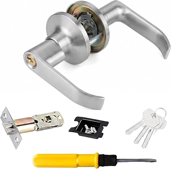 Door Handle Lock with Keys, Security Door Lock Set, Reversible Doors Handles, Bedroom Doors Locks, Security Locks Set, with Screwdriver, Adjustable Latch Fits 25-45mm Door (Sliver)