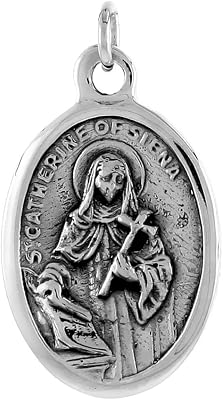Sterling Silver St Catherine of Siena Medal Necklace Oxidized finish Oval 1.8mm Chain