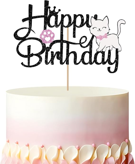Cat Happy Birthday Cake Topper, Kitten Pet Themed Birthday Cake Decor, Black Glitter Kitty Cake Topper for Girl, Pet Cat Themed Party Decoration