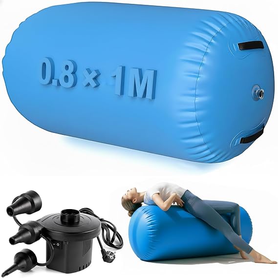 Air Roller Gymnastics Barrel with Pump, Inflatable Tumble Track Mat Gymnastics Equipment for Home Training, Tumbling, Yoga & Backflip Practice, Waterproof Air Tumbling Mat for Home & Studio