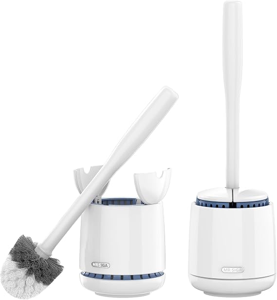 MR.SIGA Toilet Bowl Brush and Holder, Sturdy Long Handle, White, 2 Pack | Automatic Lid Design, toilet brush and holder set with replaceable toilet head, toilet bowl cleaner brush, toilet scrubber