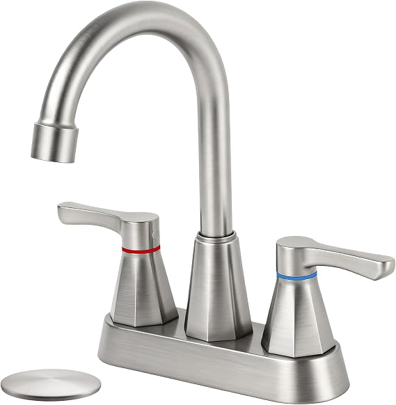 Nickel 4 Inch Centerset Bathroom Faucet with Pop-up Drain | 2 Handle, 2 or 3 Hole Sink, 360 Swivel Spout, RV Lavatory Vanity, Flow Regulator, Supply Hoses, NSF372 NSF61 cUPC