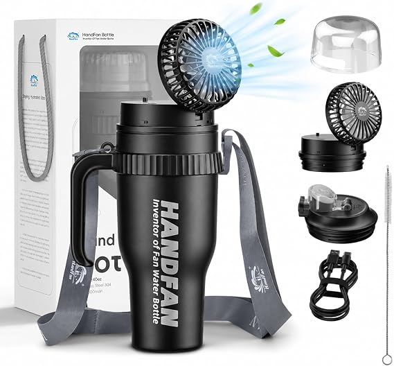 HandFan 40oz Tumbler with Handle, Cooling Water Bottle with Fan