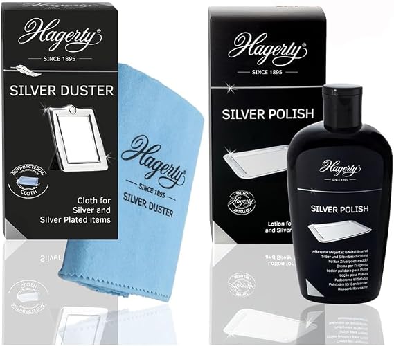Hagerty Silver Polish 250ml with Duster for Clean Silver Decorative Items, Personal Use, Protects Silver Plated Jewellery and Other Accessories