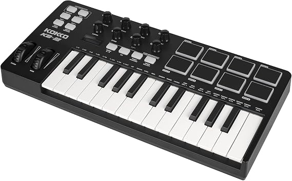 HXBER MIDI Keyboard Controller Beat Maker Hine 25 Keys MIDI Keyboard Portable Arranging Pad MIDI Assignable Knobs Buttons Faders USB 5V Power Supply for Music Production