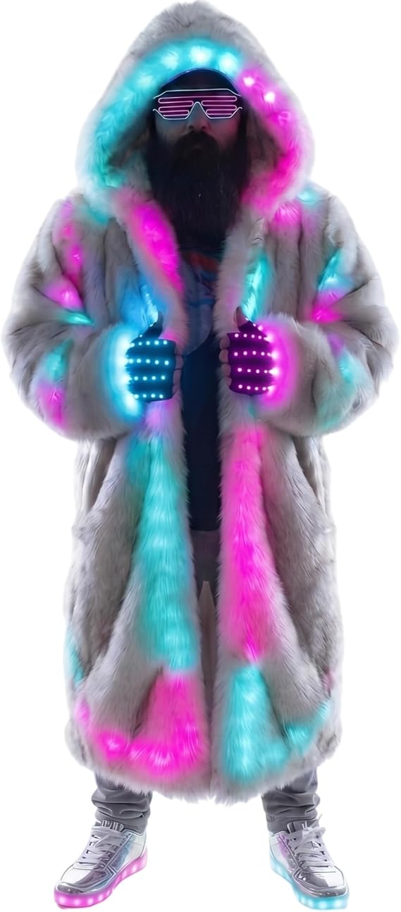 LED Light Up Jacket for Men and Women Lighted Fur Coat with Remote Control for Party Rave Burning Man Festivals