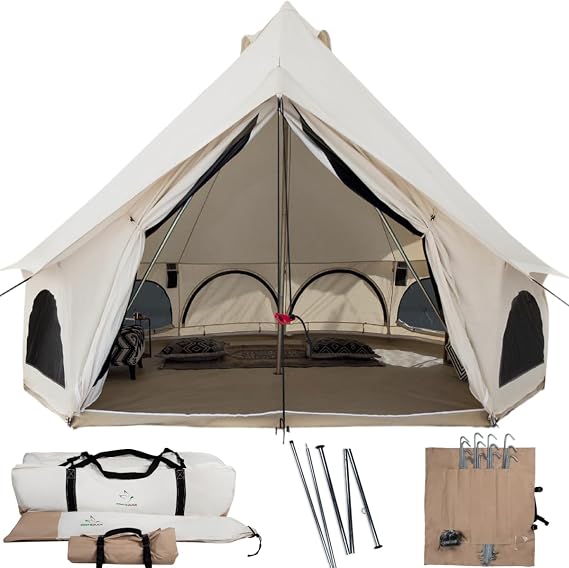 WHITEDUCK Avalon Canvas Bell Tent Fire Water Repellent - Luxury All Season Tent for Camping & Glamping Made from Premium & Breathable 100% Cotton Canvas w/Stove Jack, Mesh