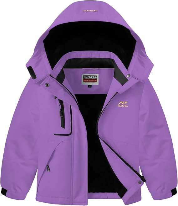 WULFUL Girl's Waterproof Ski Jacket Warm Fleece Hooded Winter Snow Coat