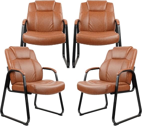CLATINA Big & Tall 500 lb. Guest Chair, PU Leather Office Reception Chairs with Sled Base, Desk Chair No Wheels for Waiting Room Conference Lobby Computer Living Room, Brown, 4 Pack