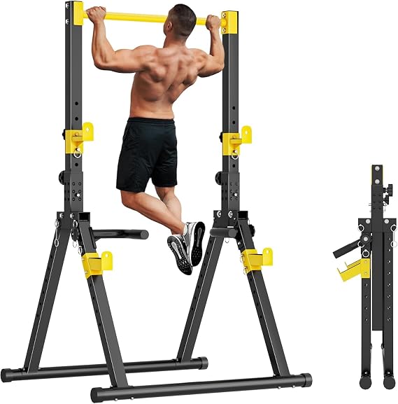 SogesHome Foldable Power Tower Dip Stand Pull Up Bar for Home Gym Exercise | Height Adjustable Multifunction Fitness Workout Station with Triangular Stability Design for Strength Training, Space Saving