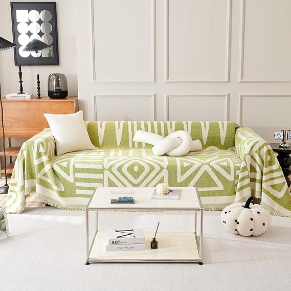Boho Couch Cover for 3 Cushion Couch Reversible Chenille Sectional Sofa Covers Washable for Dog Couch Cushion Covers Sofa Cover with Tassel for Pets (Boho 03# Green,X-Large:71"x 134")