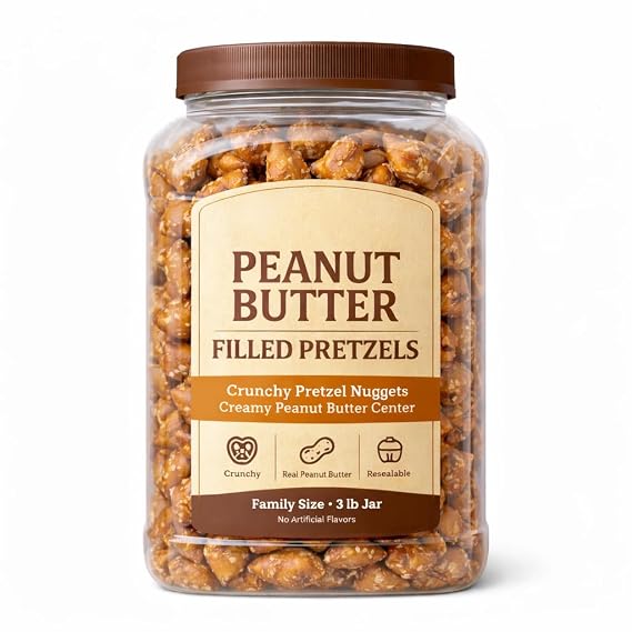 Peanut Butter Filled Pretzel Nuggets, Crunchy Snacks with Creamy Center, Resealable Family Size Jar, Bulk Sweet & Salty for Parties, Office & Home, 55 Oz