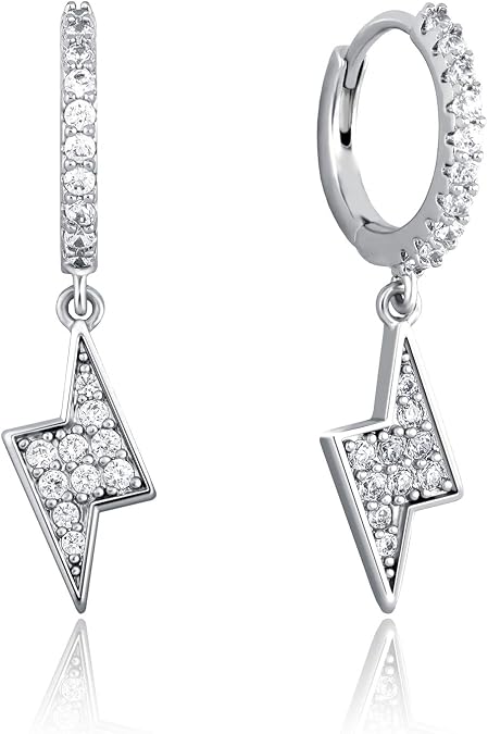 TOPGRILLZ Lightning Bolt Dangle Earrings 14K Gold Plated 5A+ Cubic Zirconia Hanging Hoop Lightning Drop Cool Dangling Earrings For Men Women Trendy