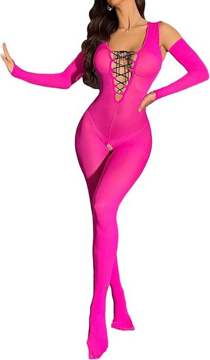 RUIBAVYA Bodystocking for Women Sleeveless Matte Full-body Bodysuit Crossed Chest Straps Deep V Jumpsuit Includes Gloves