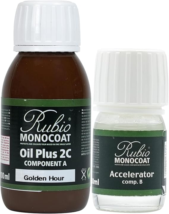 Rubio Monocoat Wood Stain & Finish 65 ft2 | Oil Plus 2C | Quick-Dry, Eco-Friendly Linseed Wood Oil for Indoor Use, Includes Accelerator (Part B) | Protector | 130 ml, Golden Hour