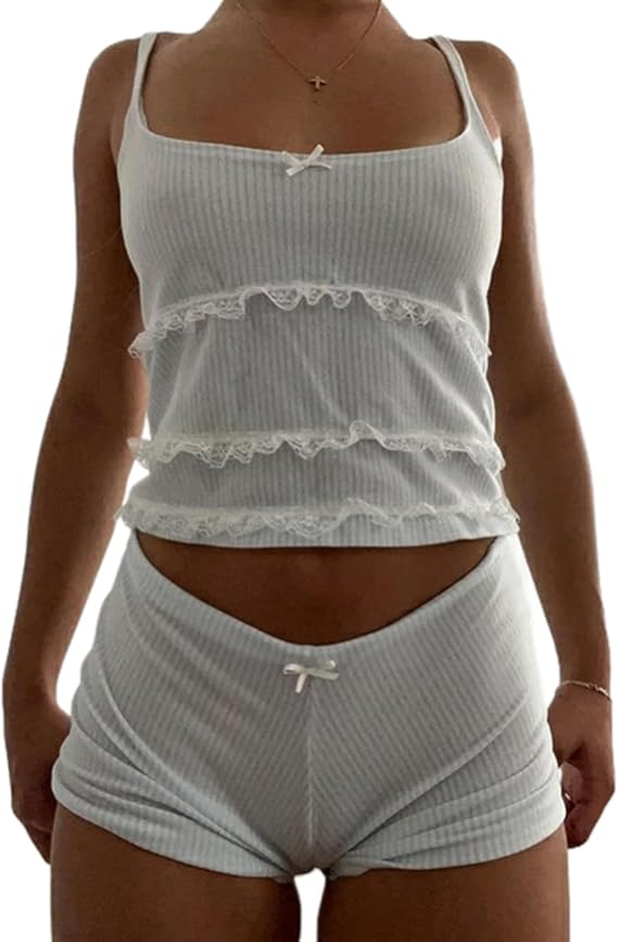 Women Y2K Floral Pajama Set Sleeveless Cami Crop Tops and Bodycon Shorts Set Teen Girls Cute Aesthetic Pajamas Set