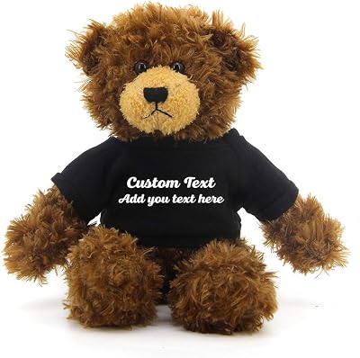 Plushland Chocolate Brandon Teddy Bear 12 Inch, Stuffed Animal Personalized Gift - Custom Text on - Great Present for Mothers Day, Valentine Day, Graduation Day, Birthday Black Shirt