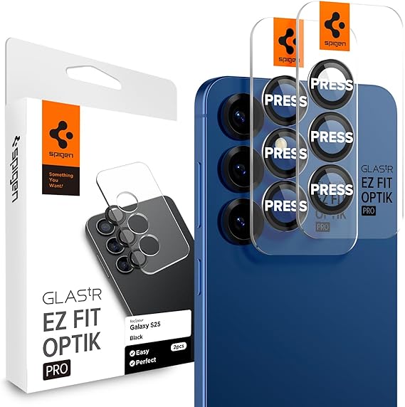 Spigen Camera Lens Protector for Galaxy S25 - Black [2 Pack] | GlasTR EZ Fit Optik Pro, 9H+ Tempered glass, Scratch resistant, Original photo quality, Auto-align tray, Case-friendly