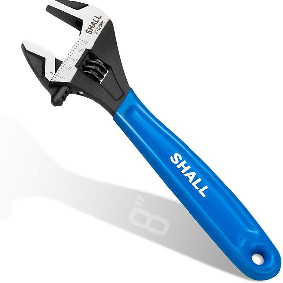 SHALL 8 Inch Adjustable Wrench, Cr-V Steel Spanner with Cushion Grip, Wide Jaw Black Oxide Wrench with Laser-etched SAE Scales for Home, Garage, Workshop and DIY