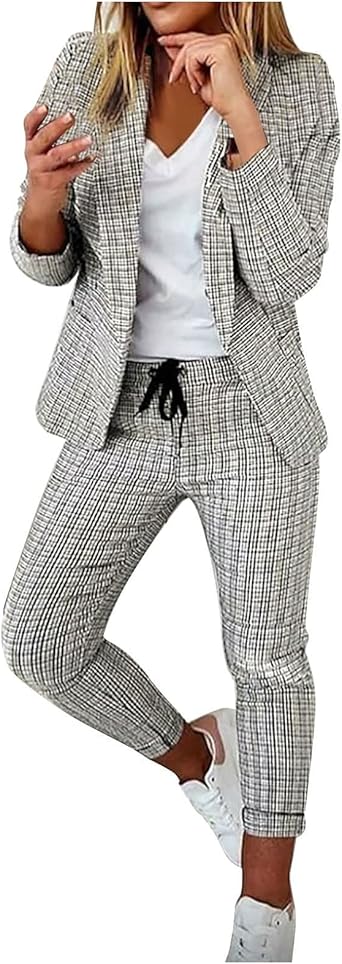 Blazer Sets Women 2 Piece Business Casual Outfits Dressy Long Sleeve Blazer and Pant Suits Slim Fit Office Work Sets