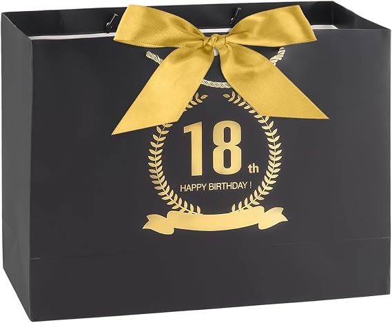 Yiran Happy 18th Birthday Gift Bag with Handles and Ribbon for Gift Wrapping, Black and Gold Large Handbag Paper Gift Bags, 18 Year Old Teen Boys Birthday Gifts Decorations