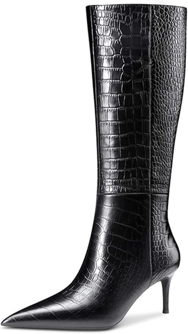 Lutalica W Women's Pointed toe Kitten Heel Knee High Boots Stone Pattern Side-Zip Stiletto Boots For Fall Winter