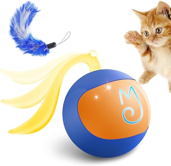 Migipaws 2-in-1 Interactive Cat Toy Ball Paw Friendly Kicking Chasing Ball with Bonus Fluffy Tail for Indoor Cats Random Rolling Auto Escape Corners Tangle-Free Quiet USB Rechargeable (Blue)