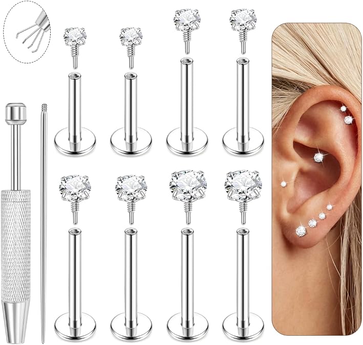 4Pairs 16G/18G/20G G23 Titanium Flat Back Stud Earrings for Women Extended Internal Thread Cartilage Earrings Hypoallergenic Conch Helix Tragus Stud Lip Labret Medusa Nose Piercing Jewelry