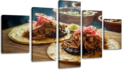 5 Piece Large Wall Art Prints Paintings two tacos cochinita pibil colorful mexican pictures royalty Canvas Wall Art Living Room office Modern Home Wall Decor Framed Artwork Ready to Hang