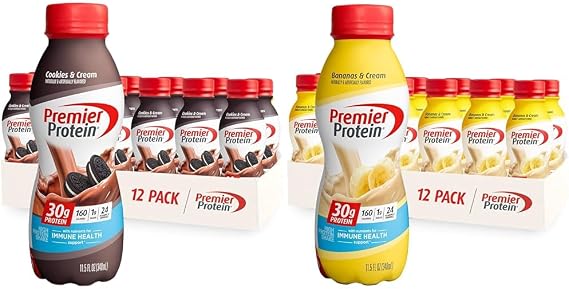 Premier Protein Shake Cookies & Cream and Bananas & Cream, 30g Protein, 1g Sugar, 24 Vitamins & Minerals, 12 Pack Bundle