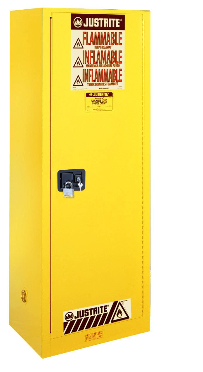 JUSTRITE MANUFACTURING 892200 Yellow 18 Gauge CR Steel Sure-Grip EX Slim Line Flammable Safety Cabinet with 1 Manual-Close Door, 22 gal Capacity, 23.25 W x 65 H x 18 D, 3 Shelves