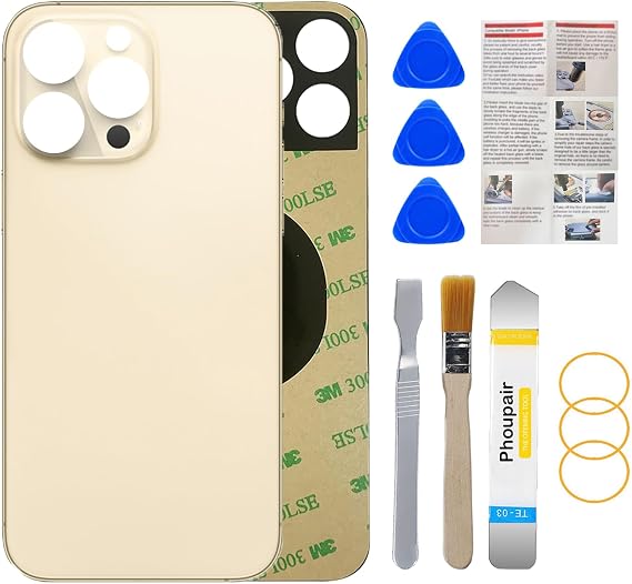 Back Glass Replacement Compatible with iPhone 14 Pro 6.1-Inches with Repairing Toolkit (Gold)